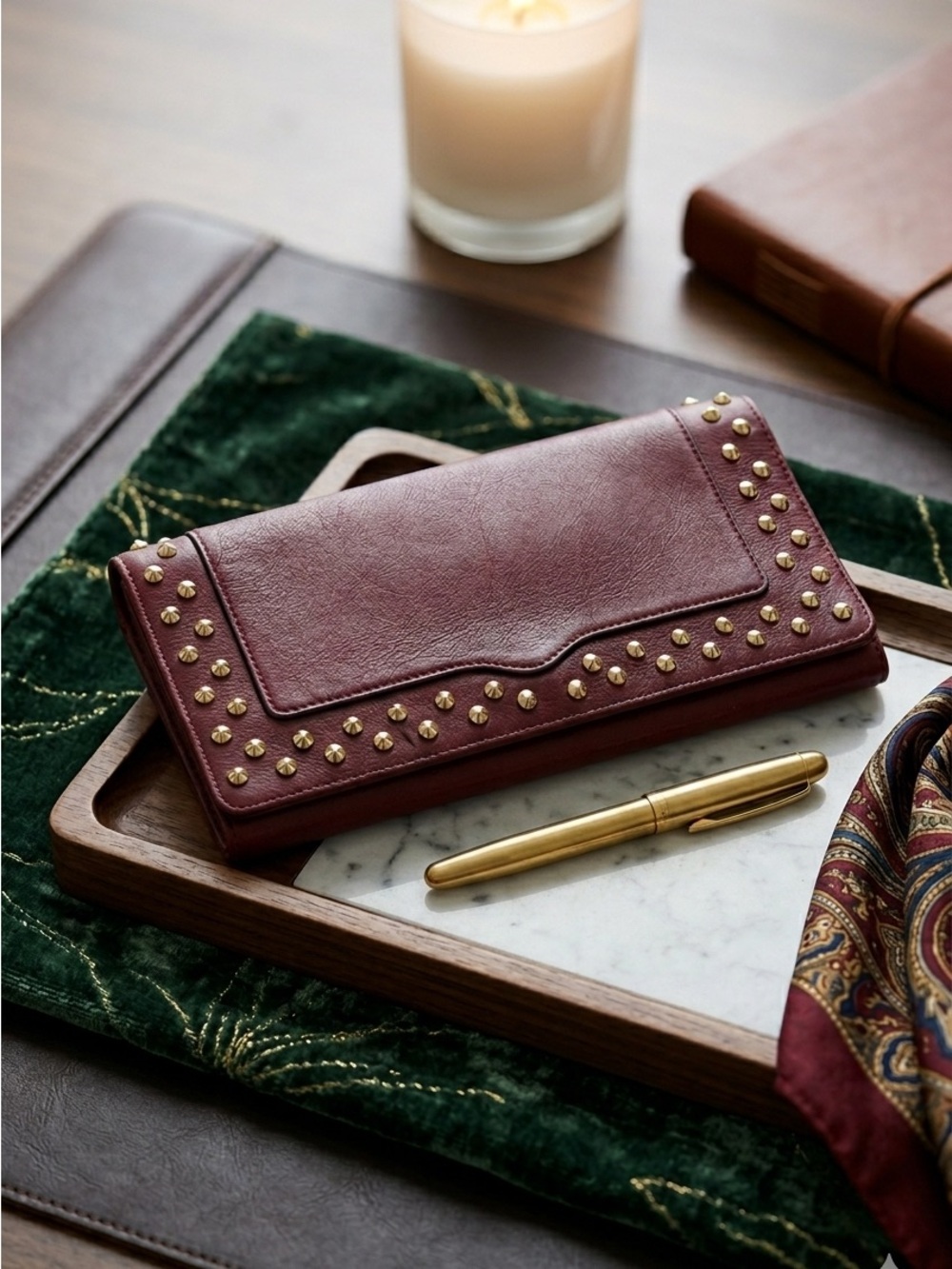 Rebecca Minkoff Sophie Studded Snap Clutch Maroon Leather with Dust Bag 11” x 6”